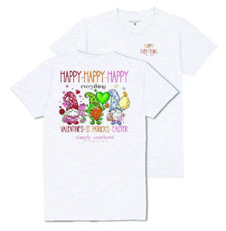 Happy Valentine, Happy St. Patrick's, Happy Easter - Gnomes - Everything - Adult T-Shirt (US, Alpha, Large, Regular, Regular, Ash Gray)