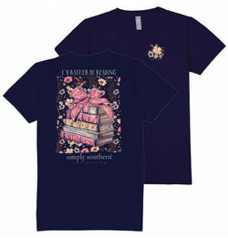 I'd Rather Be Reading T-Shirt, Navy Blue, Floral Book Design (US, Alpha, Small, Regular, Regular, Navy Blue)