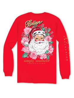Believe - Floral Santa - Adult Long Sleeve (US, Alpha, Large, Regular, Regular, Red)