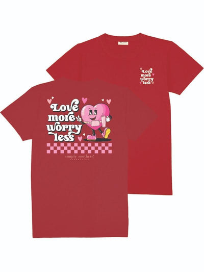 Simply Southern Love More Worry Less - Heart - Valentine - Adult T-Shirt (US, Alpha, Large, Regular, Regular, Red)