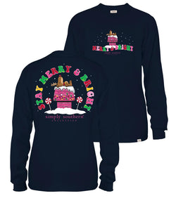 Simply Southern Youth | Stay Merry and Bright | Preppy and Stylish Girl's Navy Relaxed-Fit Medium Long Sleeve T-Shirt