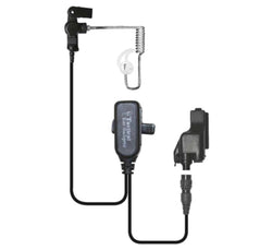 EC Lapel Microphone with PTT button, "Easy-Connect" Adapter with guide arrows, clear coiled cable transducer, medium Fin Ultra Ambi ear tip