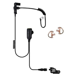 EC Lapel Microphone with PTT button, "Easy-Connect" Adapter with guide arrows, clear coiled cable transducer, medium Fin Ultra Ambi ear tip