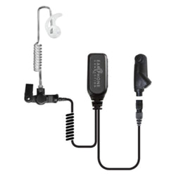 EC Lapel Microphone with PTT button, "Easy-Connect" Adapter with guide arrows, clear coiled cable transducer, medium Fin Ultra Ambi ear tip