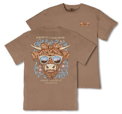 Simply Southern Always in A Good Mood - Highlander - Cow - Adult T-Shirt (US, Alpha, X-Small, Regular, Regular, Adult, Mineral Wash - Raw Hide)