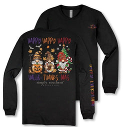 Happy Everything - Gnomes - Halloween - Thanksgiving - Christmas - Youth Long Sleeve (US, Alpha, Small, Regular, Youth, Black)