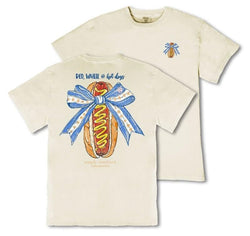 Simply Southern Red, White and Hot Dogs - Bow - Adult T-Shirt (US, Alpha, Large, Regular, Regular, Adult, Mineral Wash - Bone)