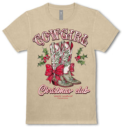 Cowgirl Boots - Christmas Club - Holly - Red Bows - Adult T-Shirt (US, Alpha, Large, Regular, Regular, Washed Cream)