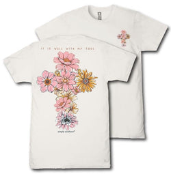 Simply Southern It is Well with My Soul - Cross - Flowers - Youth T-Shirt (US, Alpha, Small, Regular, Youth, Linen)