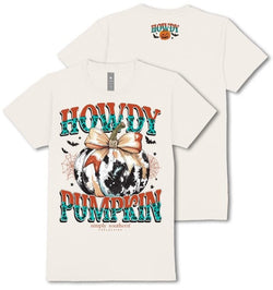 Howdy Pumpkin - Cow Print - Bow - Webs - Bats - Fall - Adult T-Shirt (US, Alpha, Medium, Regular, Regular, Linen Cream)