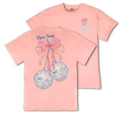 Simply Southern Show Time - Disco Cherries - Pink Bow - Youth T-Shirt (US, Alpha, Small, Regular, Youth, Mineral Wash - Light Peach)