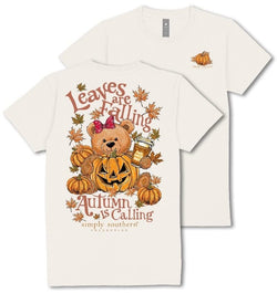 Leaves are Falling, Autumn is Calling - Fall - Halloween - Teddy Bear - Pumpkins - Latte - Adult T-Shirt (US, Alpha, XX-Large, Regular, Regular, Linen Cream)