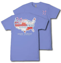 Simply Southern USA Patchwork - Bow - Patriotic - Youth T-Shirt (US, Alpha, Large, Regular, Youth, Bali Blue)