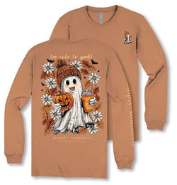 Too Cute to Spook - Ghost - Pumpkin - Latte - Leaves - Daises - Youth Long Sleeve (US, Alpha, Large, Regular, Youth, Chestnut)