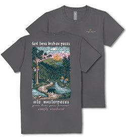 God Turns Broken Pieces Into Masterpieces - Mountains - Sunrise - Butterflies - Adult T-Shirt (US, Alpha, XX-Large, Regular, Regular, Distressed Wash Coal)