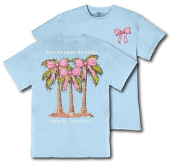 Simply Southern Meet Me Under The Palms - Pink Bows - Youth T-Shirt (US, Alpha, Medium, Regular, Youth, Mineral Wash - Glacier)