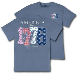 Simply Southern America Since 1776 Patriotic - Bow - Stars - Flowers - Stripes - Youth T-Shirt (US, Alpha, Small, Regular, Youth, Mineral Wash - Overcast)