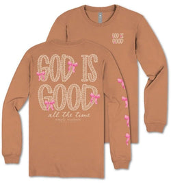 God is Good All The Time - Pink Bows - Adult Long Sleeve (US, Alpha, Small, Regular, Regular, Chestnut)