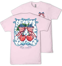 Simply Southern USA Cherries - Patriotic Flag Bow - Floral - Adult T-Shirt (US, Alpha, Medium, Regular, Regular, Adult, Poeny Pink)