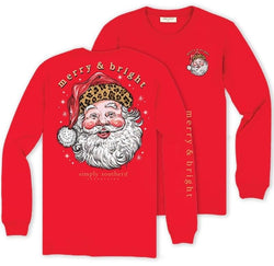 Merry & Bright - Leopard Santa - Christmas - Youth Long Sleeve (US, Alpha, Medium, Regular, Youth, Red)
