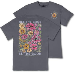 Simply Southern See The Good, Be The Good - Flowers - Adult T-Shirt (US, Alpha, XX-Large, Regular, Regular, Adult, Mineral Wash - Graphite)