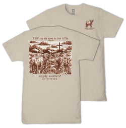 Simply Southern I Lift Up My Eyes to The Hills - Cross - Highlander - Adult T-Shirt (US, Alpha, XX-Large, Regular, Regular, Adult, Clay)