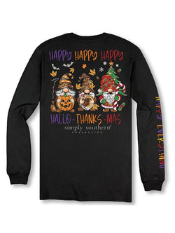 Happy Everything - Gnomes - Halloween - Thanksgiving - Christmas - Adult Long Sleeve (US, Alpha, S, Regular, Regular, Black)