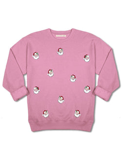 Christmas Sweatshirt, Pink Long Sleeve Crew Neck with Santa Pattern