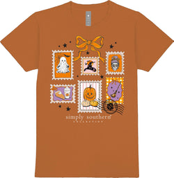 Fall Stamps - Halloween - Ghost - Witch Hat - Pumpkin - Latte - Bow - Adult T-Shirt (US, Alpha, XX-Large, Regular, Regular, Caramel)