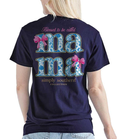 Simply Southern Blessed to Be Called Mama - Pink Bows - Adult T-Shirt (US, Alpha, Medium, Regular, Regular, Navy)