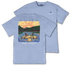 Simply Southern Meet Me at The Lake - Sunset - Adult T-Shirt (US, Alpha, Medium, Regular, Regular, Adult, Mineral Wash - Faded Blue)