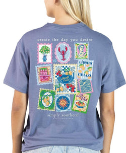 Simply Southern Create The Day You Desire - Stamps - Adult T-Shirt (US, Alpha, X-Large, Regular, Regular, Adult, Denim)