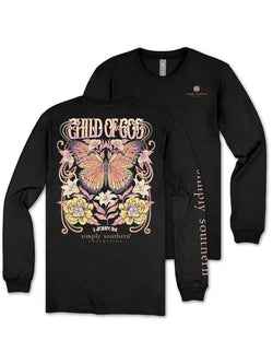 Child of God, Butterfly, Flowers Adult Long Sleeve Shirt (US, Alpha, X-Small, Regular, Regular, Black)