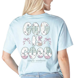 Simply Southern God is Good - Cross - Bows - Adult T-Shirt (US, Alpha, X-Large, Regular, Regular, Adult, Ice Blue)