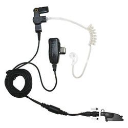 EC Short Tube Lapel Microphone with PTT button, "Easy-Connect" Adapter with guide arrows, clear coiled cable transducer, medium Fin Ultra Ambi ear tip