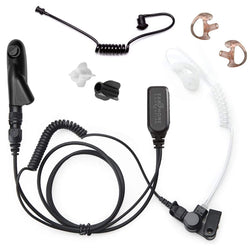 EC Lapel Microphone with PTT button, "Easy-Connect" Adapter with guide arrows, clear coiled cable transducer and Fin Ultra ear tips