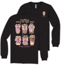 Coffee Makes Me Much Nicer - Pink Bows - Adult Long Sleeve (US, Alpha, X-Small, Regular, Regular, Black)