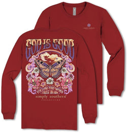 God is Good Follow The Word Trust in Him - Butterfly - Flowers - Adult Long Sleeve (US, Alpha, Small, Regular, Regular, Carmine)