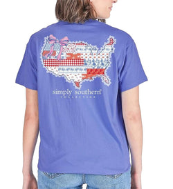 Simply Southern USA Patchwork - Bow - Patriotic - Adult T-Shirt (US, Alpha, Small, Regular, Regular, Adult, Bali Blue)