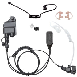 EC Lapel Microphone with PTT button, "Easy-Connect" Adapter with guide arrows, clear coiled cable transducer, medium Fin Ultra Ambi ear tip