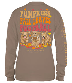Army brown LS shirt with the phrases PUMPKINS, FALL LEAVES, and FOOTBALL and a trio of puppies running through fall leaves with a football.