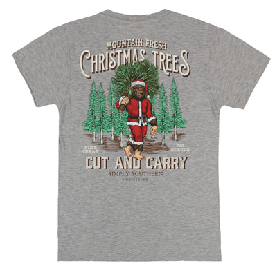 Mountain Fresh Christmas Trees Cut and Carry - Sasquatch - Adult T-Shirt (US, Alpha, Large, Regular, Regular, Storm Heather)