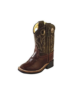 Old West Toddler-Boys' Stitched Olive Cowboy Boot Square Toe Barnwood