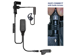 Black EC Lapel Microphone with PTT button, "Easy-Connect" Adapter with guide arrows, clear coiled cable transducer, medium Fin Ultra Ambi ear tip
