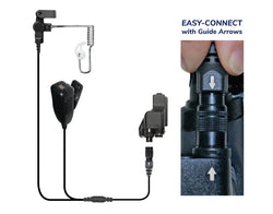 EC Short Tube Lapel Microphone with PTT button, "Easy-Connect" Adapter with guide arrows, clear coiled cable transducer, medium Fin Ultra Ambi ear tip